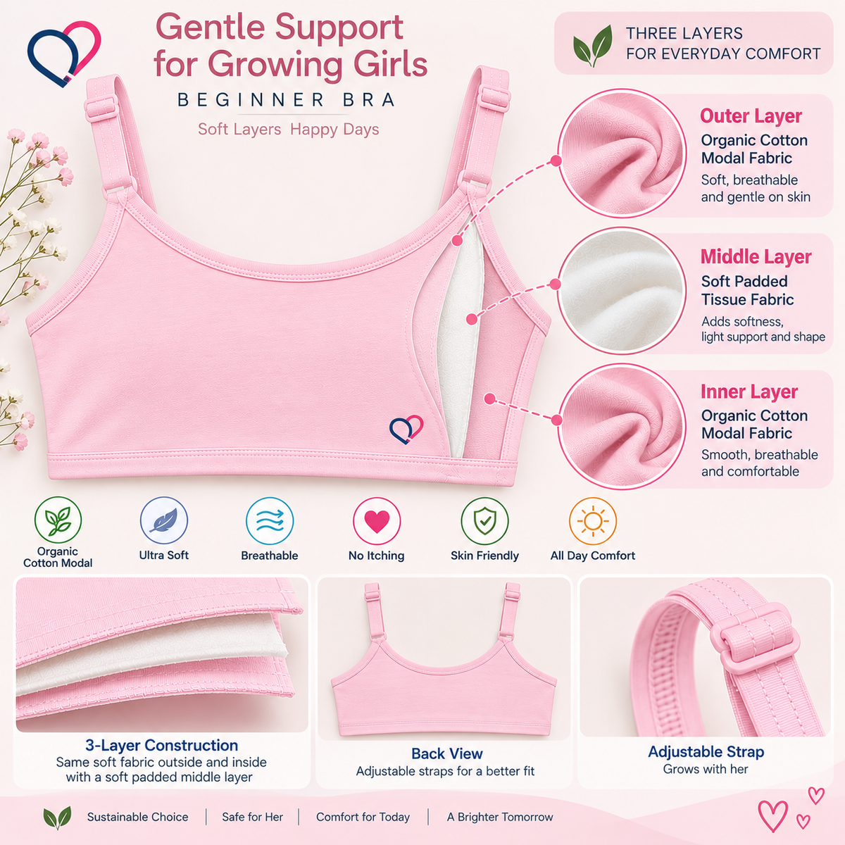 Girls Beginner Bra for 8-16 years | Organic Cotton Modal Fabric