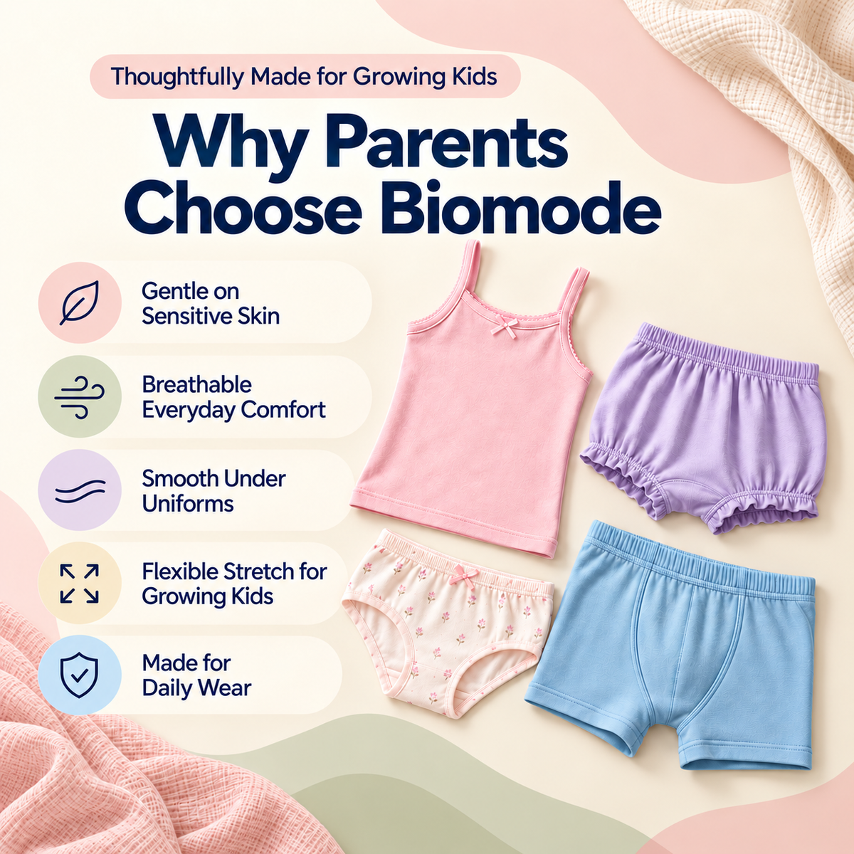 Promotional graphic for Biomode children's underwear, showing a pink camisole, lavender bloomers, light pink patterned briefs, and light blue shorts arranged on a pastel background with text highlighting key benefits.